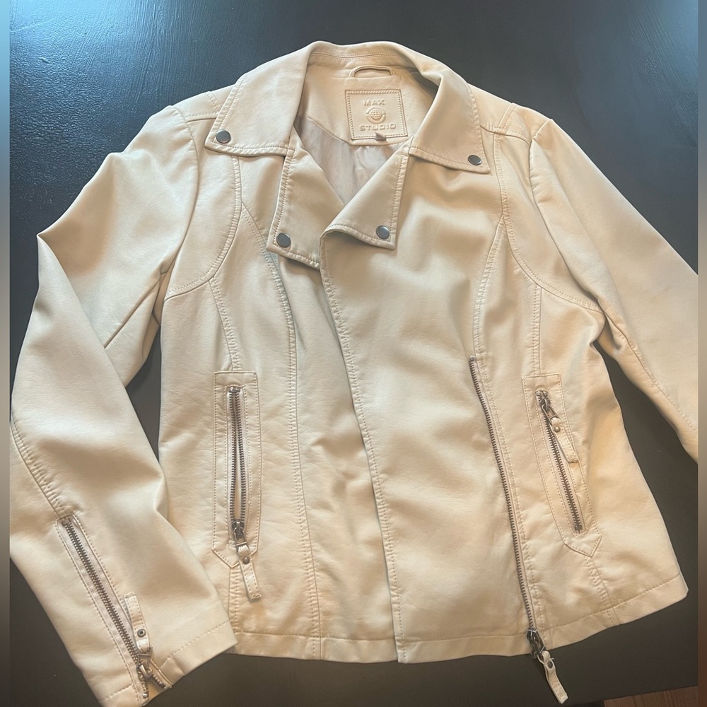MAX STUDIO- Beige Faux Leather Moto Jacket